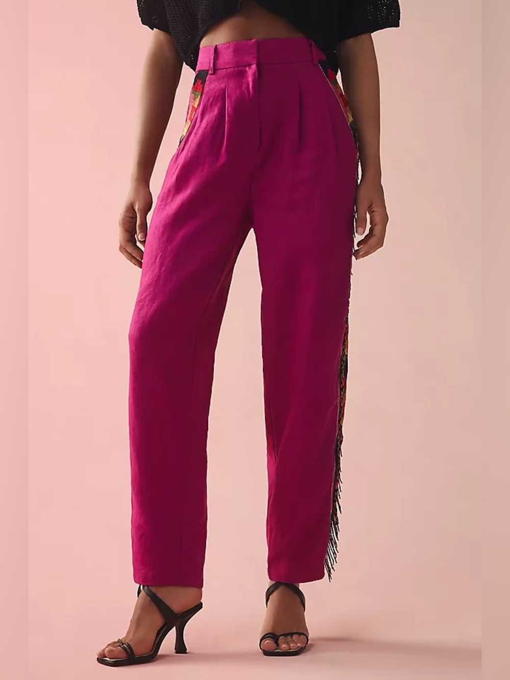 Anthropologie Carrot Linen Bright Fuchsia Fringe Side-Stripe Trousers